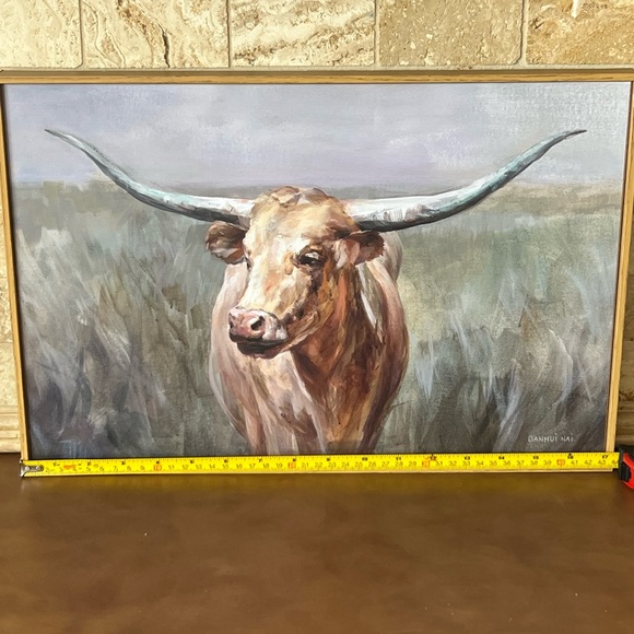 Red Shed Other - Longhorn Cattle Art Print - Brown and Gray with light tan frame ; New